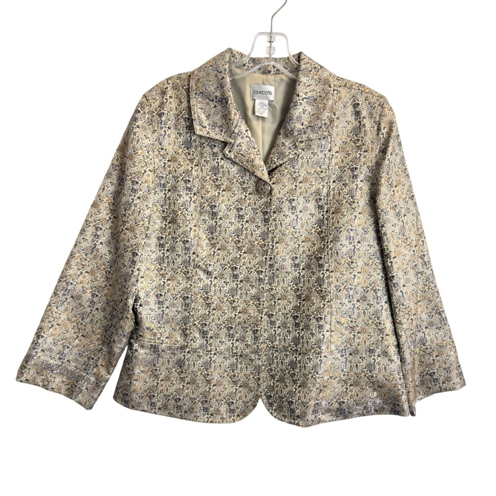 Chicos Beige Multi Metallic Brocade Blazer Paisley Tapestry Jacket Size 1 M